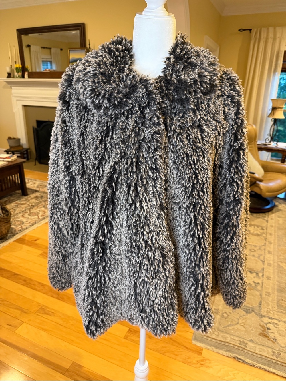 VTG Shane Lee Faux Fur Coat Black Frost Shag Jacket M